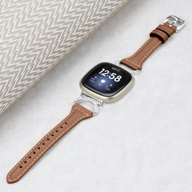 Bling zirkoni aitoa nahkaa oleva käsivarsinauha Ruskea Fitbit Versa 4