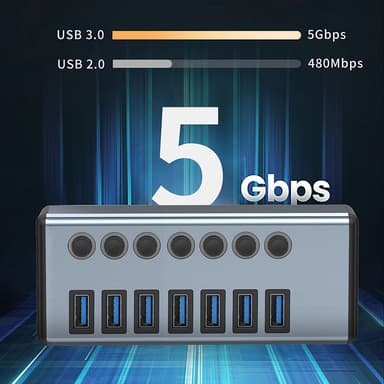 USB-splitter USB 3.0-hub 5Gbps 7-portars individuella LED på/av-brytare Harmaa