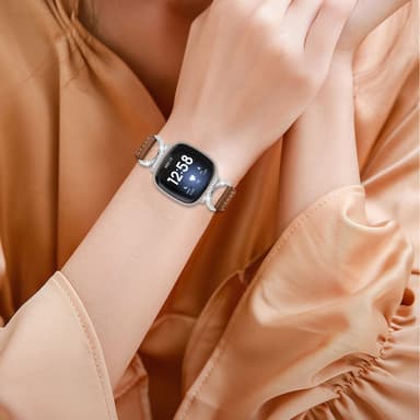 Bling zirkoni aitoa nahkaa oleva käsivarsinauha Ruskea Fitbit Versa 4
