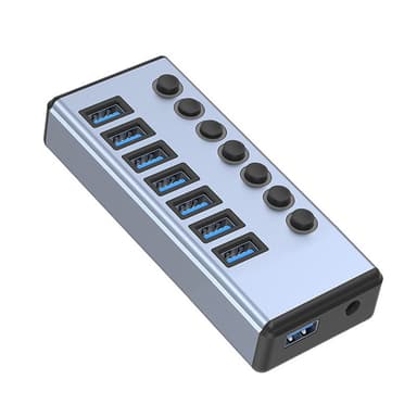USB-splitter USB 3.0-hub 5Gbps 7-portars individuella LED på/av-brytare Harmaa