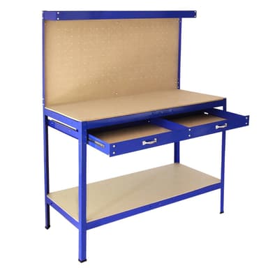 Työpöytä Sinisellä Pegboardilla ja Laatikolla