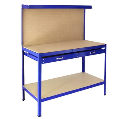 Työpöytä Sinisellä Pegboardilla ja Laatikolla