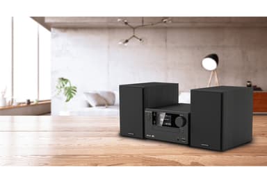 Kenwood M-725DAB Mini System, jossa on Bluetooth ja DAB+ (musta).
