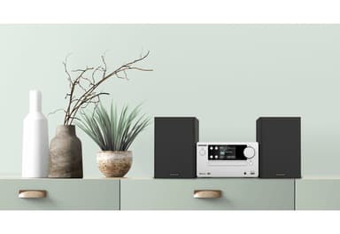 Kenwood M-725DAB Mini System, jossa on Bluetooth ja DAB+ (hopea).