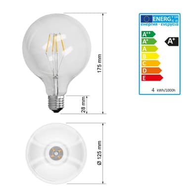 12 x LED-lampun hehkulamppu suuri hehkulanka E27 4W 125 mm lämmin valkoinen