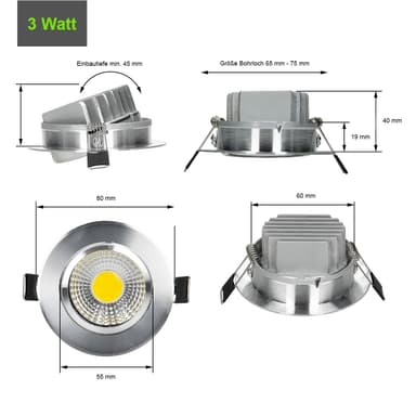 ECD Germany 8-Pack LED uppovalaisin COB 3W 230V - mm Ø 80 - - hopea - alumiini