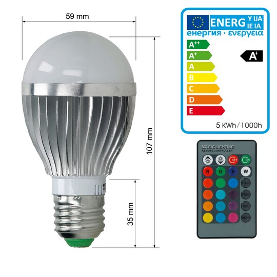 8 x LED-lamppu RGB E27 5W + kaukosäädin