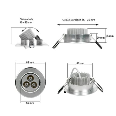 ECD Germany 3-pack LED upotettava kohdevalaisin 3W 230V - pyöreä Ø8.5cm - 222