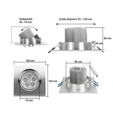 ECD Germany 10er Pack LED upotettava valaisin 5W 230V - kulmikas - 355 Lumen -