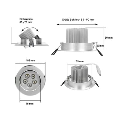 ECD Germany 5er Pack LED upotettava valonheitin 5W 230V - pyöreä Ø10,5cm - 342