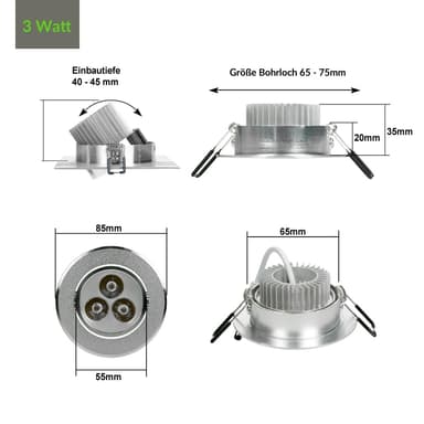 ECD Germany 2er Pack LED upotettava valonheitin 3W 230V 226 Lumen