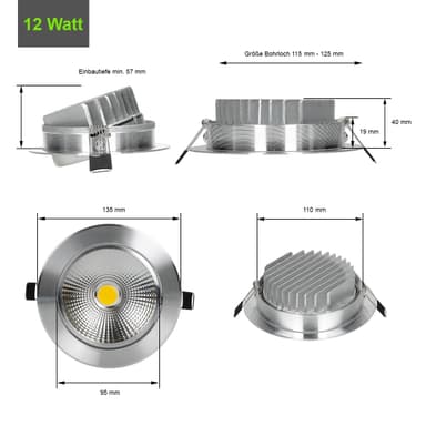 ECD Germany 12-pakkaus LED uppovalaisin COB 12W 230V - hopea - alumiini - Ø 135
