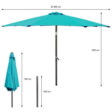 ECD-Germany Alu sateenvarjo Turquoise Ø 300 cm pyöreä LED auringon valaistus ja
