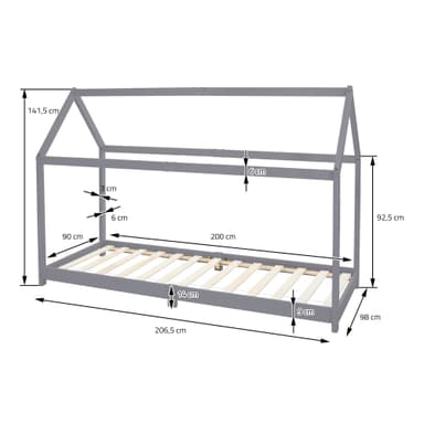 ML Design Cot 90x200cm katto ja slotted runko, vaaleanharmaa, talonpohja
