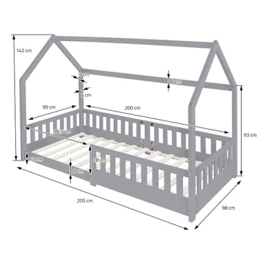 Lasten sängyn putoamissuoja Lasten harmaa sänky Puusänky 200x90cm Mänty Puu