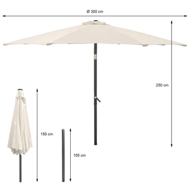 ECD-Germany Alu sateenvarjo kerma Ø 300 cm pyöreä LED auringon valaistus ja