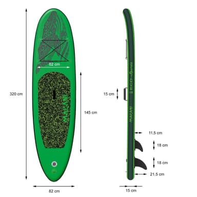 Ilmatäytteinen Stand Up Paddle Board Makani, vihreä, 320x82x15 cm.
