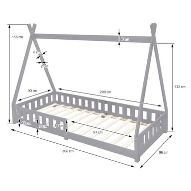 Pinnasänky Tipi harmaa putoamissuoja puinen sänky talo sänky mänty puu 200x90cm