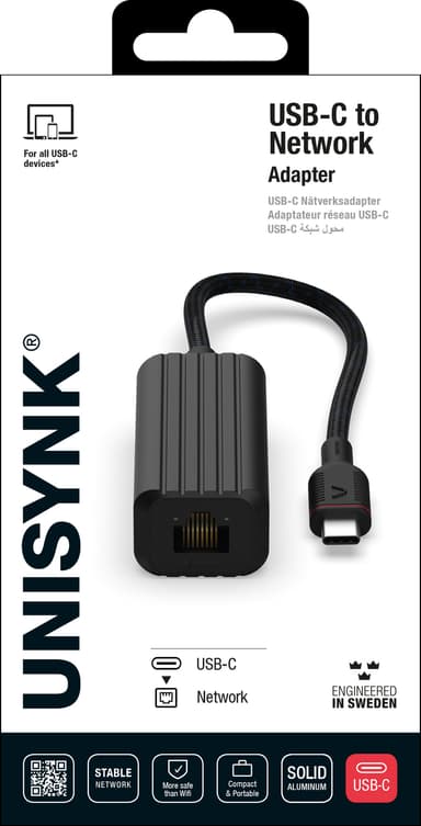 Unisynk USB-C – Ethernet adapteri 10379 (musta)