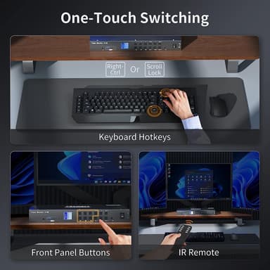 HDMI KVM Switch 4 PC ja 3 näyttöä 4K60Hz kuulokkeet, äänimikrofoni, RJ45 LAN