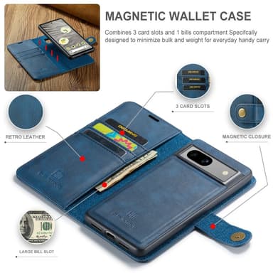 DG MING Google Pixel 7a 2-in-1 magneetti lompakkokotelo - Sininen