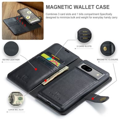 DG MING Google Pixel 7a 2-in-1 magneetti lompakkokotelo - Musta