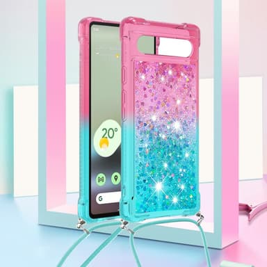 SKALO Google Pixel 7a Juoksuhiekka Glitter Mobile kaulapanta - Pinkki-Turkoosi