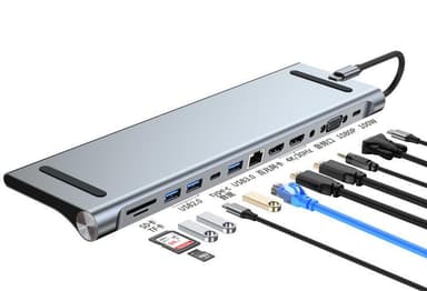 NÖRDIC 1-12 USB-C-telakointiasema kolminkertaisille näytöille 2xHDMI 4K30Hz, 1xVGA, USB-C PD 100W, Thunderbolt 3 & 4