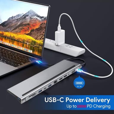 NÖRDIC 1-12 USB-C-telakointiasema kolminkertaisille näytöille 2xHDMI 4K30Hz, 1xVGA, USB-C PD 100W, Thunderbolt 3 & 4