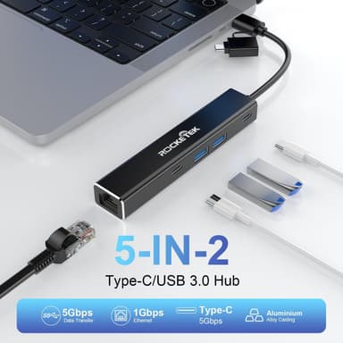 NÖRDIC USB-A ja C-verkkosovitin 1xGiga LAN 2xUSB-C 5G 2xUSB-A 5G