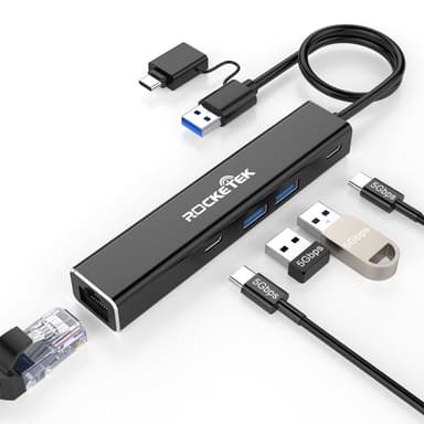 NÖRDIC USB-A ja C-verkkosovitin 1xGiga LAN 2xUSB-C 5G 2xUSB-A 5G