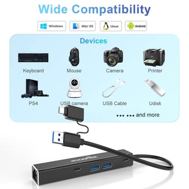 NÖRDIC USB-A ja C-verkkosovitin 1xGiga LAN 2xUSB-C 5G 2xUSB-A 5G