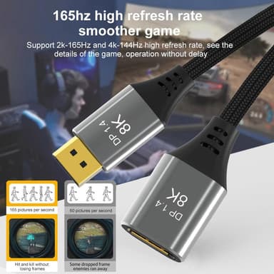 NÖRDIC 2m Displayport 1.4 jatkokaapeli UHD 8K60Hz 4K144Hz 32.4Gbps 10-bittinen HDR kaksoissuojattu