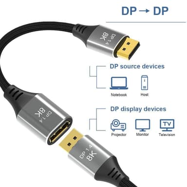 NÖRDIC 50 cm Displayport 1.4 jatkokaapeli UHD 8K60Hz 4K144Hz 32.4Gbps 10-bittinen HDR