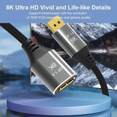 NÖRDIC 2m Displayport 1.4 jatkokaapeli UHD 8K60Hz 4K144Hz 32.4Gbps 10-bittinen HDR kaksoissuojattu
