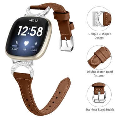 Bling zirkoni aitoa nahkaa oleva käsivarsinauha Ruskea Fitbit Versa 4