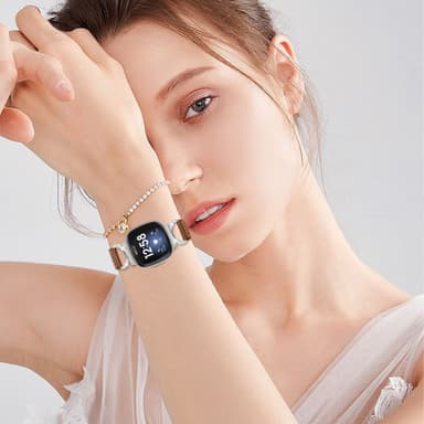 Bling zirkoni aitoa nahkaa oleva käsivarsinauha Ruskea Fitbit Versa 4