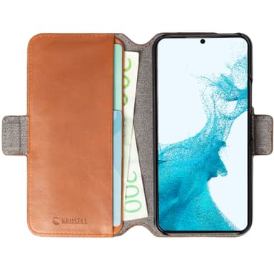 Krusell Nahkainen puhelinlompakko Galaxy S22+ konjakki