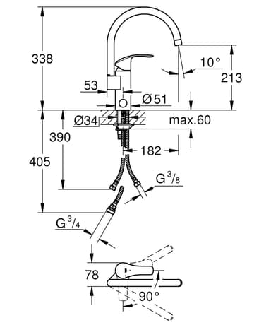 Grohe Eurosmart korkea juoksuputki, apk-venttiilillä