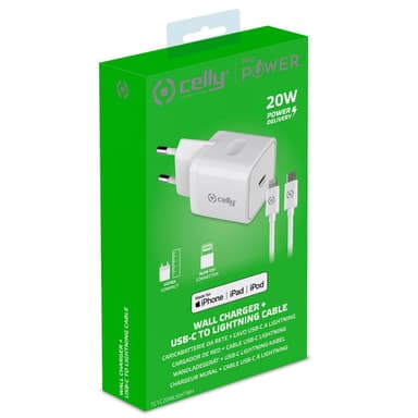 Celly USB-laturi USB-C PD 20W + Salamakaapeli