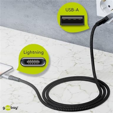 Goobay Lightning to USB-A Tekstiilikaapeli metalliliittimillä (avaruudenharmaa / hopea) 1 m