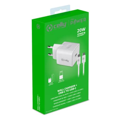 Celly USB-laturi USB-C PD 20W + USB-C-kaapeli