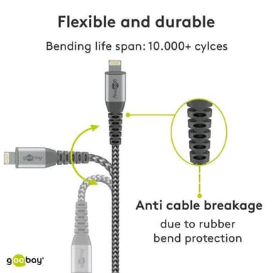 Goobay Lightning to USB-A Tekstiilikaapeli metalliliittimillä (avaruudenharmaa / hopea) 1 m