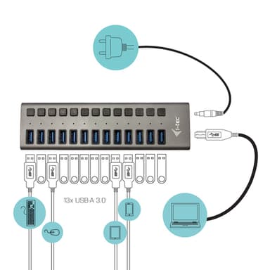 i-tec U3CHARGEHUB13, inomhus, AC, Grå
