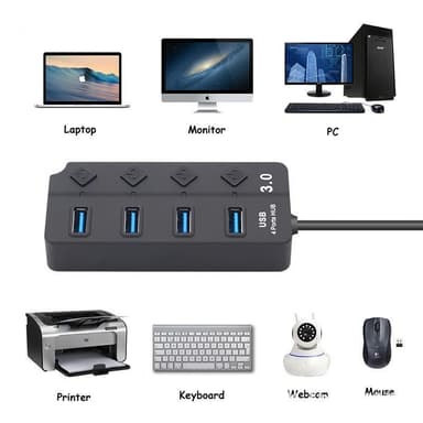 USB splitter USB 2.0 USB 3.0 hubb 5 Gbps 4-portars individuella LED på/av-brytare