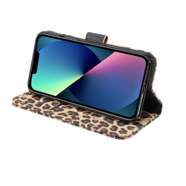 SKALO iPhone 13 Mini Leopardikuvioinen lompakkokotelo PU-nahasta.