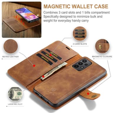 DG MING Samsung A23 5G 2-in-1 magneetti lompakkokotelo - Ruskea