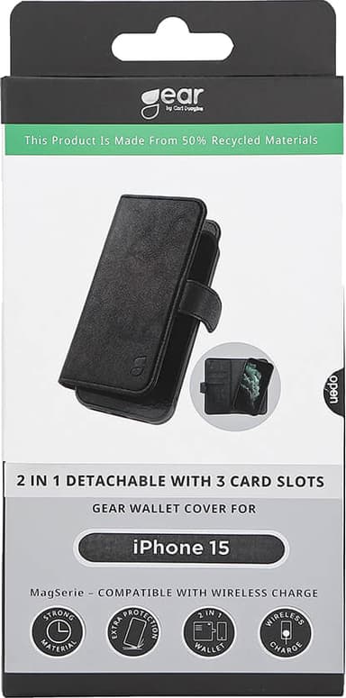Gear 2in1 iPhone 15 lompakkokotelo (3 korttipaikkaa, musta)