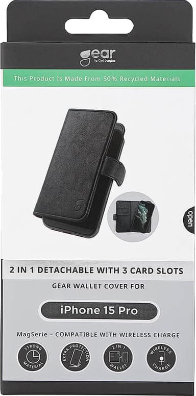 Gear 2in1 iPhone 15 Pro lompakkokotelo (3 korttipaikkaa, musta)