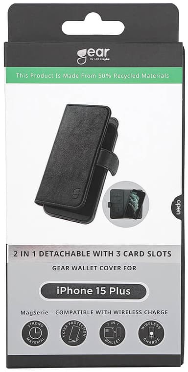 Gear 2in1 iPhone 15 Plus lompakkokotelo (3 korttipaikkaa, musta)